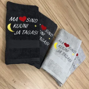 Saunalina tikandiga "Ma armastan sind kuuni ja tagasi"