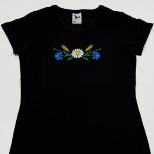 Rukkilille tikandiga T-särk- eesti disain-rahvuslik tikand-must T-särk-Eesti rahvus lilledega kaunistatud pluus-tikimiki-tikkimine